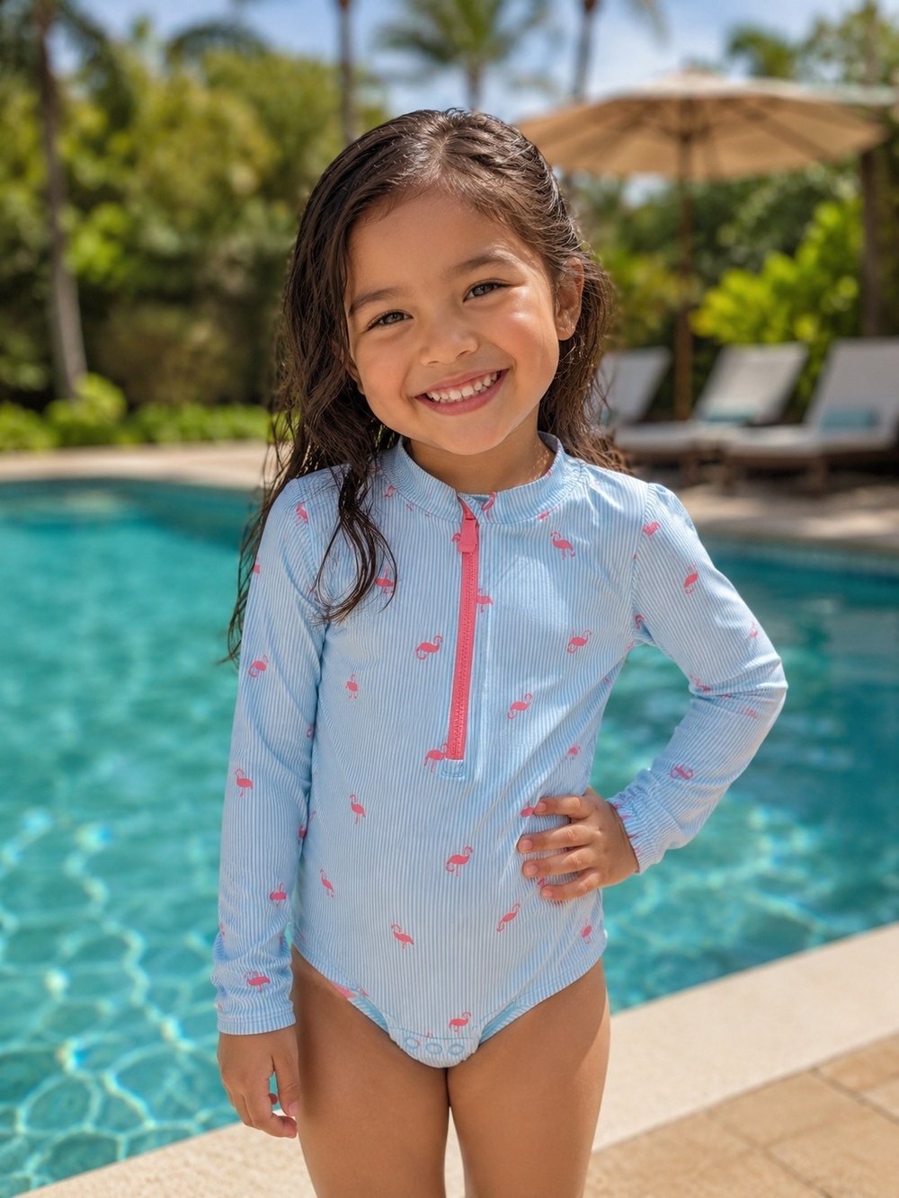 Carter's Light Blue Long-Sleeve One-Piece Swimsuit with Pink Flamingo Print